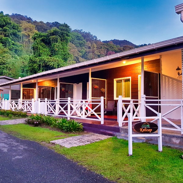 Exterior of a Kelicap twin-share cabin at Poring Hot Springs, Sabah